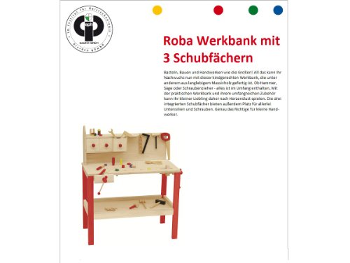 roba Werkbank, grosse Spielwerkbank aus Holz, Meister-Werkbank mit umfangreichem Werkzeug Set, grosser Arbeitsplatte, Ablage u, 3 Schubfächern - 6