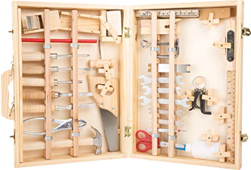 Werkzeugkoffer "Deluxe" aus Holz, mit 48 Teilen für kleine Heimwerker ab 8 Jahren, das passende Werkzeug für die notwendige Reparatur