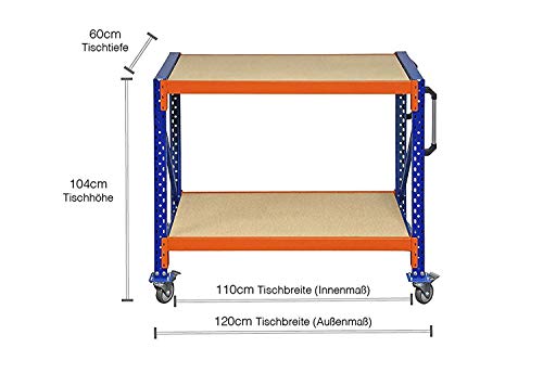 Werkbank fahrbar, Packtisch mit Holzboden verschiedene Breiten/Höhen/Tiefen/Ebenen (120/104/60cm (B/H/T), 2 Ebenen) - 2