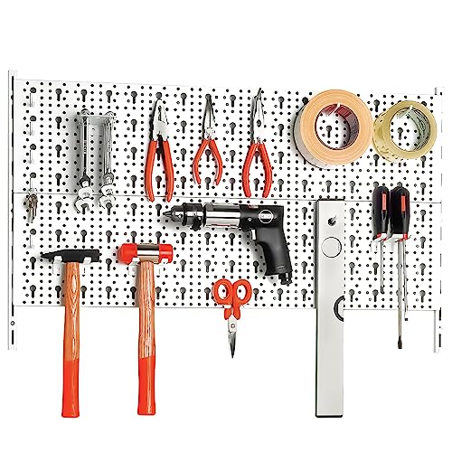 Element System Werkzeugwand aus Metall plus 18 teiliges Werkzeughalterset inklusive Schrauben und Dübel, Lochwand zur Werkzeugaufbewahrung weiß