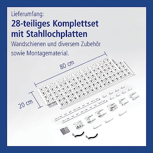 Element System Werkzeugwand aus Metall plus 18 teiliges Werkzeughalterset inklusive Schrauben und Dübel, Lochwand zur Werkzeugaufbewahrung weiß - 3