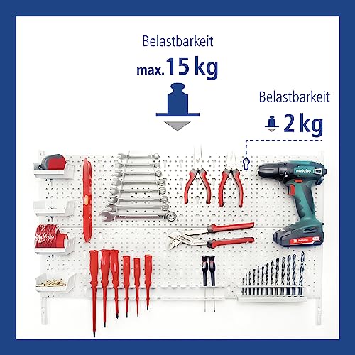 Element System Werkzeugwand aus Metall plus 18 teiliges Werkzeughalterset inklusive Schrauben und Dübel, Lochwand zur Werkzeugaufbewahrung weiß - 4