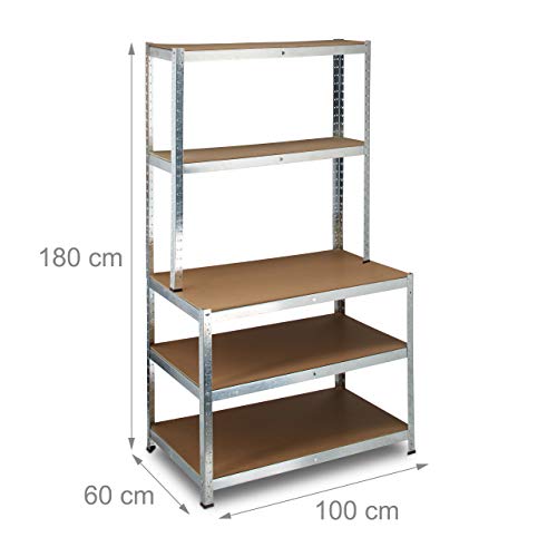 Relaxdays Schwerlastregal mit Werkbank, 900 Kg 5 Böden, Freistehend, HBT 180x 100 x 60 cm, Metall, MDF, Steckregal, grau - 4