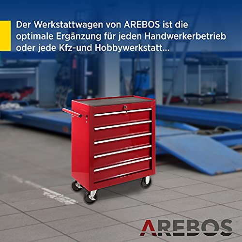 Arebos Werkstattwagen 5 Fächer/zentral abschließbar/Anti-Rutschbeschichtung/Räder mit Festellbremse/Massives Metall/rot, blau oder schwarz (rot) - 2