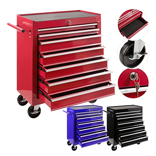 Arebos Werkstattwagen 7 Fächer/zentral abschließbar/Anti-Rutschbeschichtung/Räder mit Festellbremse/Massives Metall/rot, blau oder schwarz (Rot)