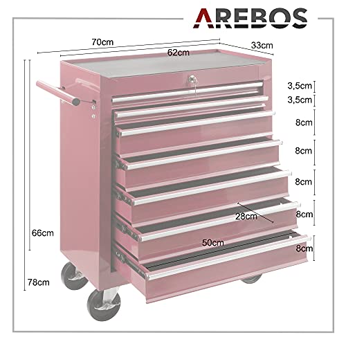 Arebos Werkstattwagen 7 Fächer/zentral abschließbar/Anti-Rutschbeschichtung/Räder mit Festellbremse/Massives Metall/rot, blau oder schwarz (Rot) - 5