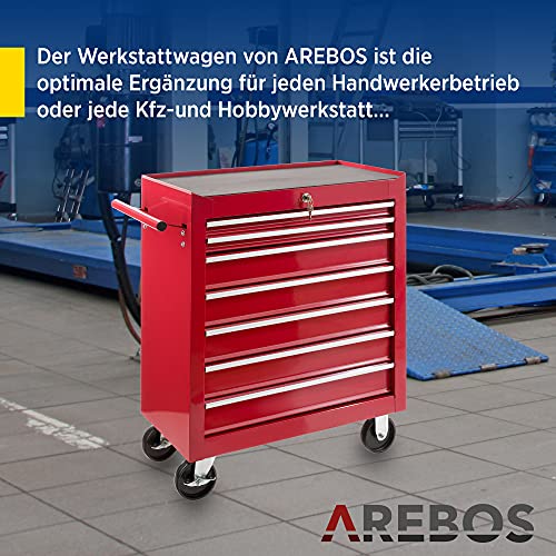 Arebos Werkstattwagen 7 Fächer/zentral abschließbar/Anti-Rutschbeschichtung/Räder mit Festellbremse/Massives Metall/rot, blau oder schwarz (Rot) - 2