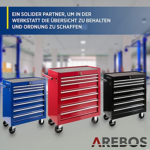 Arebos Werkstattwagen 7 Fächer/zentral abschließbar/Anti-Rutschbeschichtung/Räder mit Festellbremse/Massives Metall/rot, blau oder schwarz (Rot) - 6