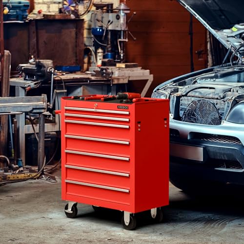 Arebos Werkstattwagen 7 Fächer/zentral abschließbar/Anti-Rutschbeschichtung/Räder mit Festellbremse/Massives Metall/rot, blau oder schwarz (Rot) - 9