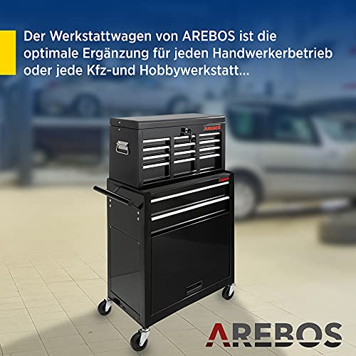Arebos Werkstattwagen 9 Fächer/zentral abschließbar/Anti-Rutschbeschichtung/Räder mit Festellbremse/Massives Metall/rot oder schwarz (Schwarz) - 2