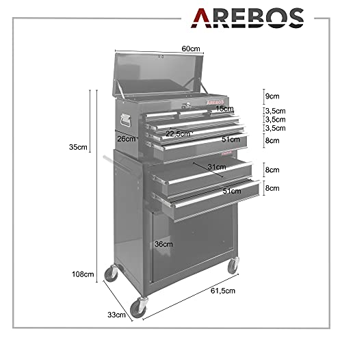 Arebos Werkstattwagen 9 Fächer/zentral abschließbar/Anti-Rutschbeschichtung/Räder mit Festellbremse/Massives Metall/rot oder schwarz (Schwarz) - 7