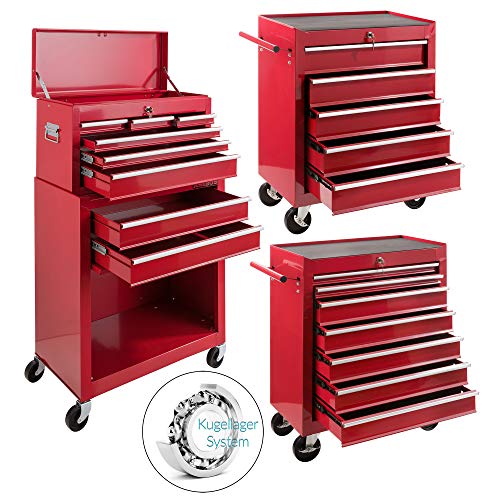 Arebos Werkstattwagen 9 Fächer rot (✓ zentral abschließbar, ✓ Abnehmbarer Werkzeugkasten, ✓ Massives Metall)