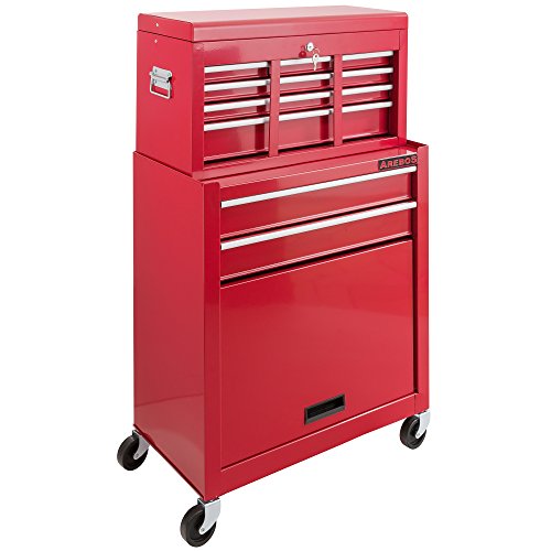 Arebos Werkstattwagen 9 Fächer rot (✓ zentral abschließbar, ✓ Abnehmbarer Werkzeugkasten, ✓ Massives Metall) - 2