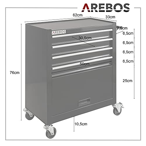 Arebos Werkstattwagen 4 Fächer + großes Fach/mit Antirutschmatten / 2 Rollen mit Festellbremse (Schwarz) - 5