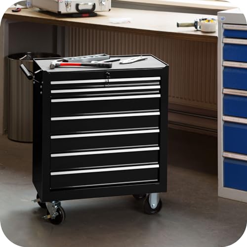 TecTake Werkzeugwagen Werkstattwagen | 7 verschließbare Schubfächer | Kugelgelagerte Gleitschienen | auf Rollen | -diverse Modelle- (Schwarz | Nr. 402800) - 2