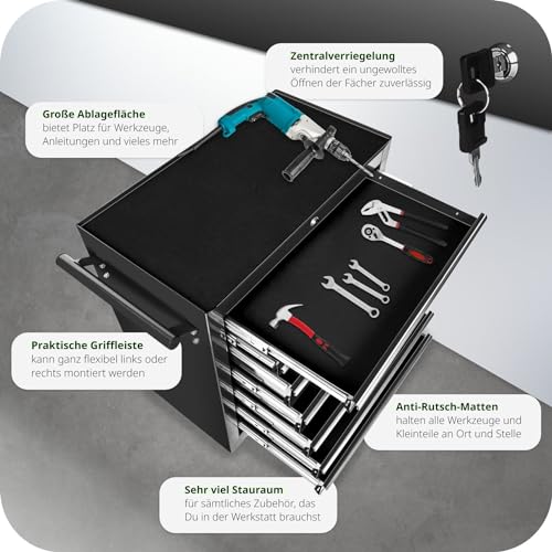 TecTake Werkzeugwagen Werkstattwagen | 7 verschließbare Schubfächer | Kugelgelagerte Gleitschienen | auf Rollen | -diverse Modelle- (Schwarz | Nr. 402800) - 5