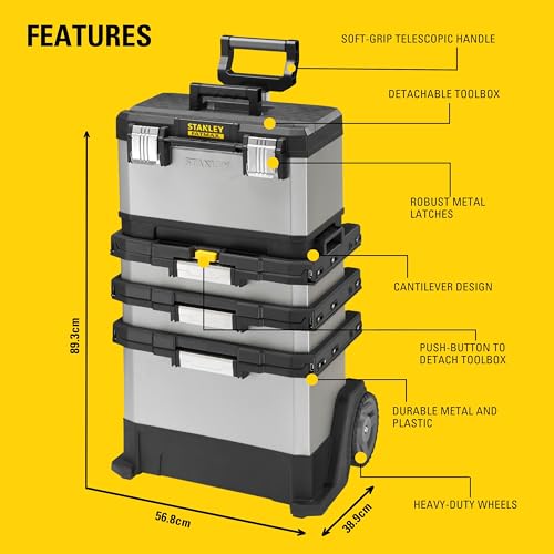 Stanley FatMax Rollende Werkstatt aus Metall-Kunststoff 1-95-622 – Werkzeugwagen leer – Vielseitige Werkzeugbox für Kleinteile und große Werkzeuge - 9