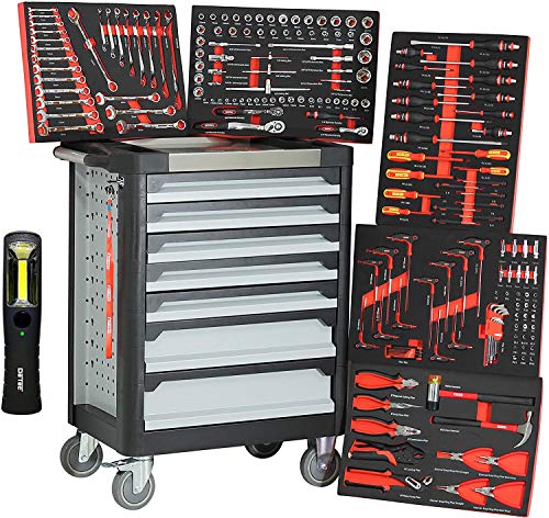 Ultra Edition Werkstattwagen | 7 Schubladen - 5 gefüllt mit Handwerkzeug | Werkzeugwagen abschließbar + COB Akku Arbeitsleuchte