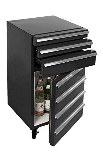 Mini-Kühlschrank für Getränke im retro Werkstattwagen-Look | schwarz, fahrbar, innovativ, stromsparend | exklusiver Bierkühlschrank auf Rollen ohne Gefrierfach | Gastro Cool | 3-Schubladen