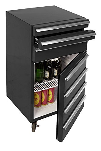 Mini-Kühlschrank für Getränke im retro Werkstattwagen-Look | schwarz, fahrbar, innovativ, stromsparend | exklusiver Bierkühlschrank auf Rollen ohne Gefrierfach | Gastro Cool | 3-Schubladen - 4